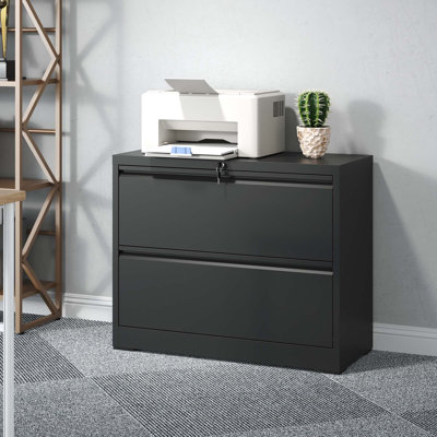 Inbox Zero 35.43 W 2 Drawer Metal Lateral File Cabinet with Lock for Home Office A4 Letter Legal Size Finish Black